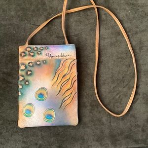 Soft leather, hand painted double zip crossbody travel purse